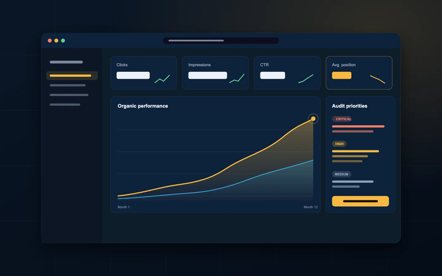 Illustration of an SEO dashboard showing organic performance growth and audit priorities